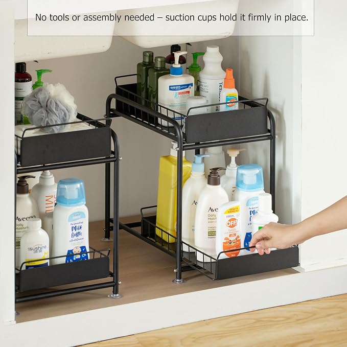 Under Sink Organizer Sliding Wire Baskets Adjustable 2-Tier Metal Storage Rack for Bathroom Kitchen or Utility Cabinets Pull-Out Shelf for Toiletries Cleaning Supplies & Pantry Essentials - Image 3