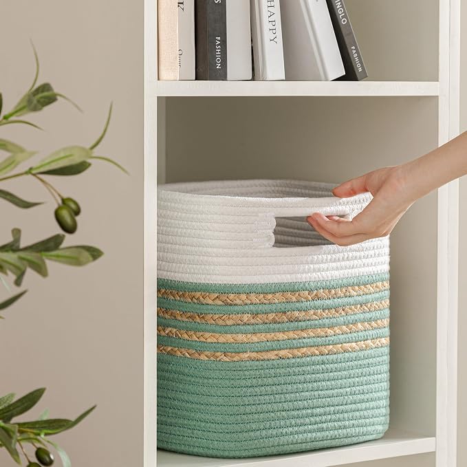 UBBCARE Set of 4 Storage Cubes 11 X 10.5 X 10.5 in, Water Hyacinth Storage Bins for Shelves, Toys, Books, Organizing Baskets with Handles, Cotton Rope Woven Baskets, Green - Image 6