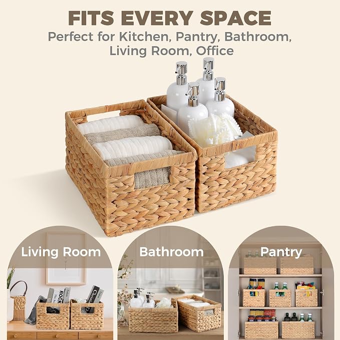 Set of 2 Wicker Shelf Storage Baskets for Organizing - Natural Durable Water Hyacinth Woven Basket Pantry Bin Organizers for Shelves with Handles for Home & Decor Organization, 12.5” x 8” x 6.5” - Image 5