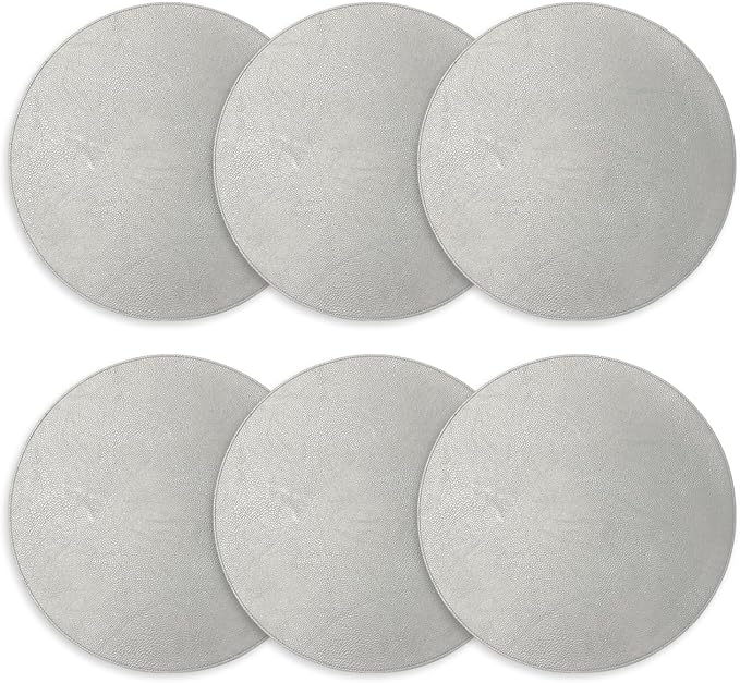 Placemats Set of 6 – Round 15” Faux Leather Table Mats for Dining, Heat Resistant & Non-Slip Washable Table, Indoor, Outdoor, Dining Table Set for 6, Modern Kitchen & Holiday Use, Silver - Image 2