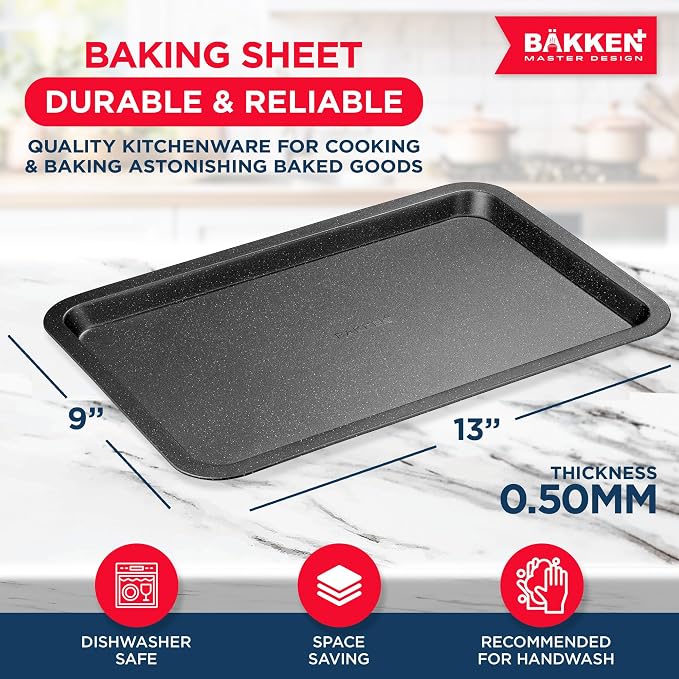BAKKEN Kitchen Baking Pans - Nonstick Gray Coating, 13.18’’ × 8.66’’ Commercial Grade Carbon Steel Cookie Sheet, Baking Kitchen Essentials, PFOA, PFOS, PTFE Free, Oven Safe Tray (450° F), Gray - Image 2