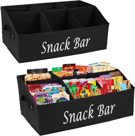 2 Pack Snack Organizer for Countertop With Handles - 6 Compartment Box Basket, Bar Station, Kitchen Cabinet Pantry Storage - Black by Xbopetda