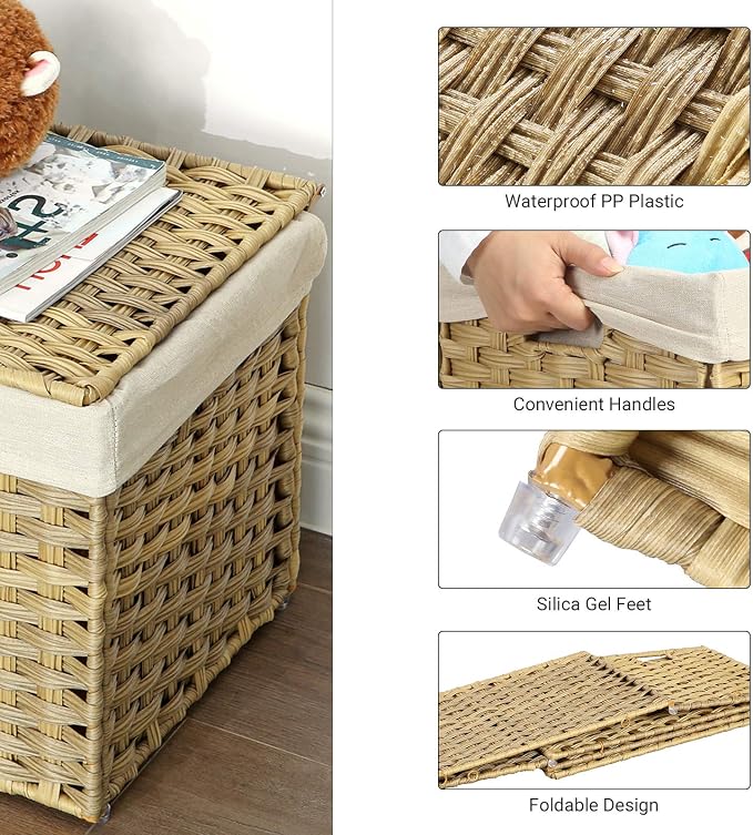SONGMICS Storage Basket with Lid, Woven Blanket Storage Bin with Handles, Foldable, Removable Liner, Metal Frame, for Bedroom, Laundry Room, 42.3 Gallons (160 L), Natural URST76NL - Image 4