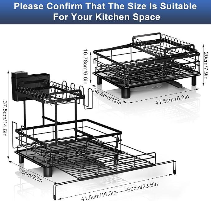2 Tier Dish Drying Rack - Expandable Dish Rack Over Sink, 304 Stainless Steel Dish Rack for Kitchen Counter, Dish Drainer w Utensil Holder, Drainboard & Cups Holder, Anti-Rust & Space Saving - Image 3