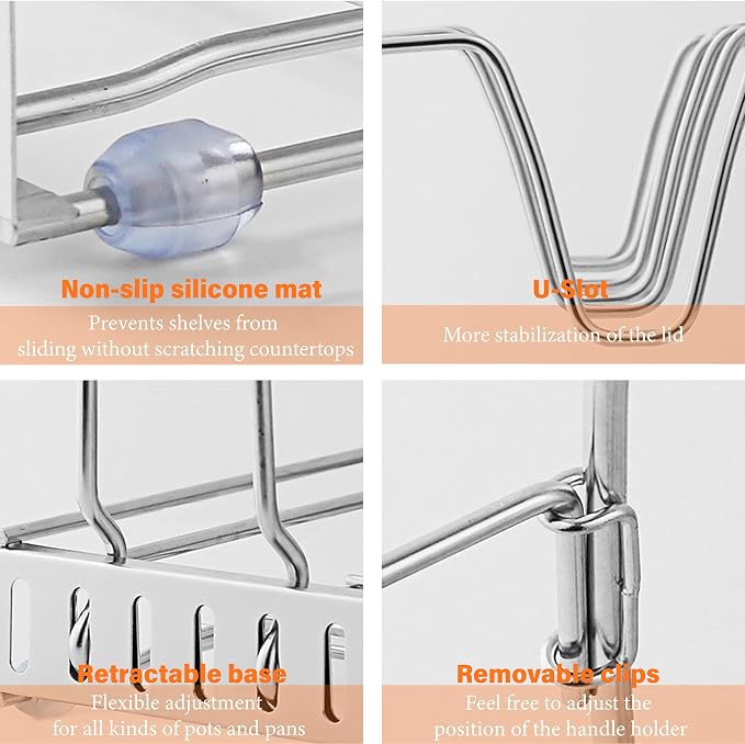 Expandable Pot and Pan Organizers Rack,304 Stainless Steel Pots Lid Organizer Rack Holder for Cabinet, Kitchen Cabinet Pantry Bakeware Organizer Rack Holder with 8 Adjustable Compartments - Image 4