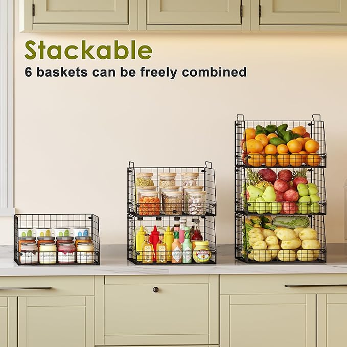 Jakyitvi 6 Pack Stackable Wire Baskets for Pantry,6 Pank Metal Pantry Organizer Storage Bins for Kitchen Snack, Fruit, Potato, Onion & Vegetable Storage, Wire Baskets for Pantry Organization - Image 2
