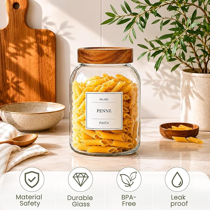 CONNOO 2Pcs-66oz Glass Storage Containers with Lids | Acacia Wood Lids, Keep Pantry Organized with Flour, Sugar, Coffee Beans, Pasta, Cereal & Dry Foods, Includes 120 Labels - Image 5