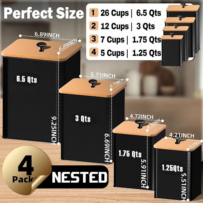 Kitchen Canister Set of 4, Black Airtight Metal Flour Sugar Containers | 4 Practical Capacities, Flat Bamboo Lids, Wide Openings, Reusable Chalkboard Labels & Marker, Countertop and Pantry Organized - Image 2