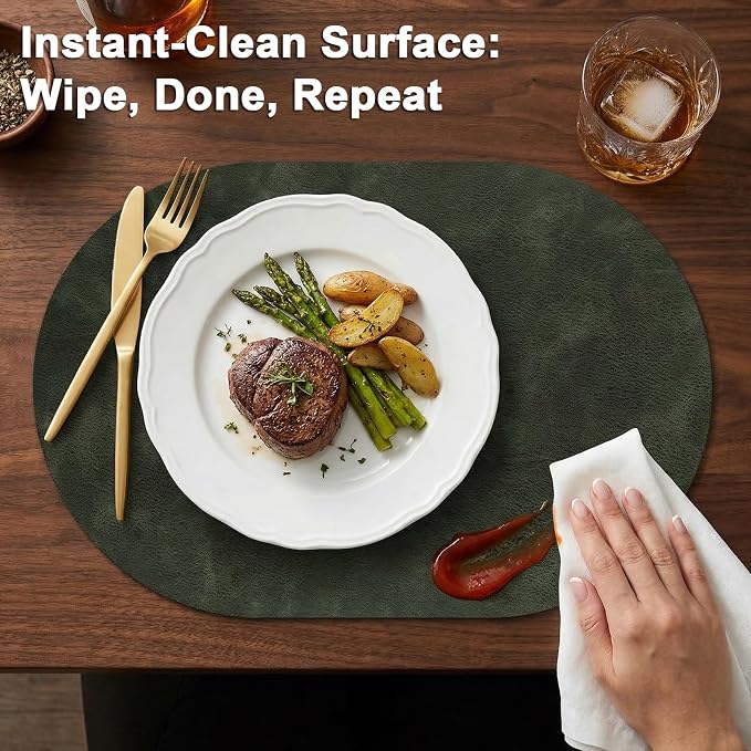 Oval Placemats 2mm Ultra Thick Faux Leather Table Mats, Heat Resistant Waterproof Wipeable Dining Mats for Kitchen Table, Set of 8, Olive Green - Image 3