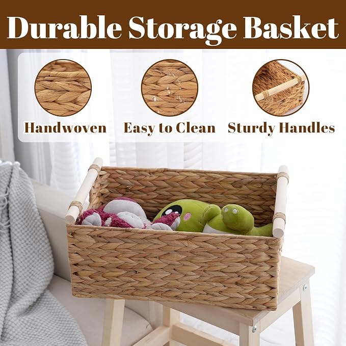 Wicker Storage Basket, Woven Shelf Organizer, 15.5x10.8x6.2 Inch | 15.5x10.8x6.2" natural wicker basket with handles; rectangular shelf organizer for kitchen, bathroom and living spaces. - Image 4