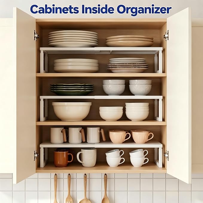 Expandable Cabinet Shelf Organizer, Stackable Countertop Shelves, White | 15.8''- 25.5'' In Cabinet Shelf, Adjustable Kitchen Cabinet Organizer for Pantry Organizer, CupBoard Organizers and Storage - Image 5