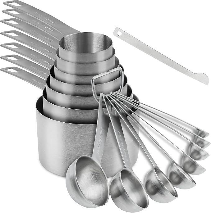 Measuring Cups and Spoons Set, 18/8 Stainless Steel 7 Measuring Cups and 8 Measuring Spoons with Leveler, Kitchen Measure Cups Spoons, Heavy Duty Baking Measurement Cups Spoons Set by Viwehots