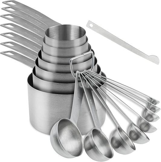 Measuring Cups and Spoons Set, 18/8 Stainless Steel 7 Measuring Cups and 8 Measuring Spoons with Leveler, Kitchen Measure Cups Spoons, Heavy Duty Baking Measurement Cups Spoons Set by Viwehots
