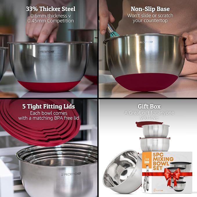 Premium Mixing Bowls With Airtight Lids Set, Thicker Stainless Steel Mixing Bowl Set, Large Prep Metal Bowls with Lids, Nesting Bowls for Kitchen, 1.5/2/3/4/5 Qrt, Red - Image 2