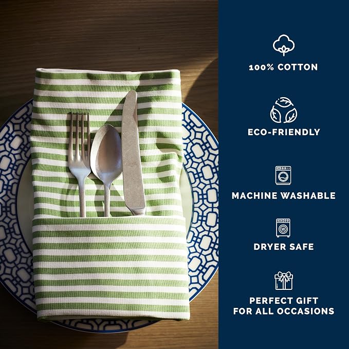 Pinstripe Green Dinner Napkins Set of 4 | 100% Cotton Cloth Set for Entertaining or Everyday Table | Perfect for Wedding, Birthday, Christmas Green and White, 22 Inch Square - Image 3