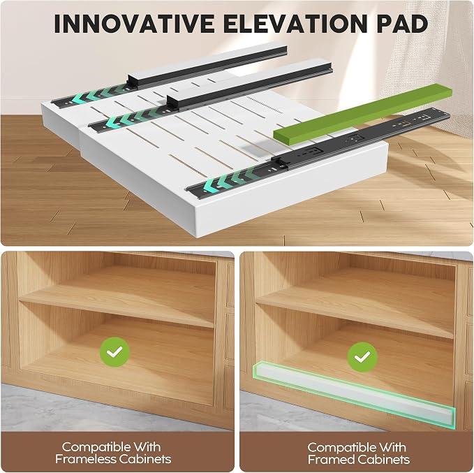 Seinloes 4 Pack Pull Out Cabinet Organizers 21" Deep With Raising Pad for Framed Cabinets, Expandable Width (15.2"-26.3") Slide Out Drawers Upgrade 3 Slide Rails, Roll Out Shelves Adhesive, White - Image 2