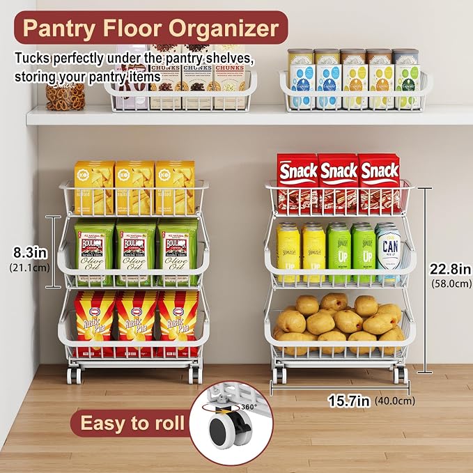 3-Tier Rolling Pantry Cart with Wheels, Stackable Wire Storage Floor Organizer for Kitchen Pantry Snack Shelves, Fruit Basket Stand, Vegetable Storage Rack for Food Snacks Onion Potato, White - Image 3