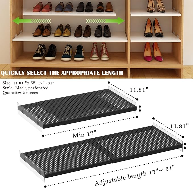 Closet Shelf Expandable-Large Metal Storage Rack DIY Divider Separator for Cabinet Wardrobe Cupboard Pantry Kitchen Bathroom (Perforated,Black, W: 11.81" x L: 17" to 31") - Image 3