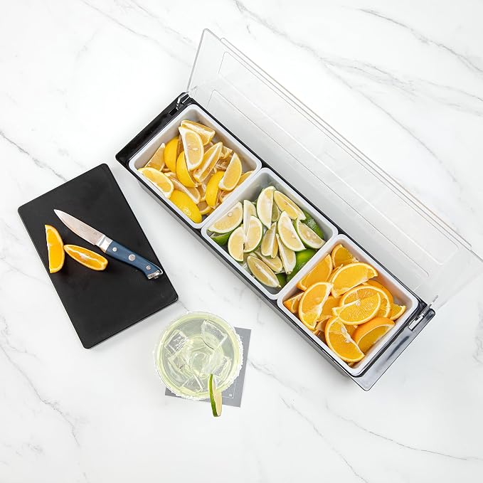 Restaurantware Bar Lux 19.6 x 6.3 x 3.7 Inch Condiment Caddy 1 Durable Bar Caddy - 3 Removable Compartments Built-In Lid Black Plastic Condiment Holder For Restaurant Store Cocktail Garnish - Image 7