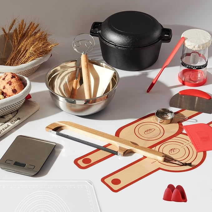 Sourdough Bread Starter Kit Baking Supplies with Cast Iron Dutch Oven for Bread Baking 34 Oz Starter Jar 2 Cotton Rope Banneton Proofing Basket Best Gift Set by Unknown