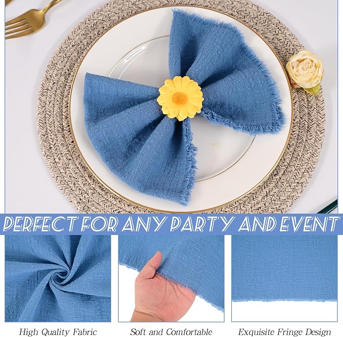 36 Pack Cyan Cloth Napkins, 16 x 16 Inch Cotton with Fringe Settings | Handmade washable reusable cotton dinner napkins in bulk for weddings, parties, rustic boho table settings - Image 5