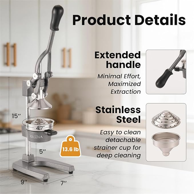 Cast Iron Manual Hand Press Juicer for Citrus & Pomegranate,Grey | Stainless Steel Heavy Duty Squeezer,Easy to Clean,Effortless Lever-Press Design,For Home Cooks,Health Enthusiasts,Bartenders - Image 2