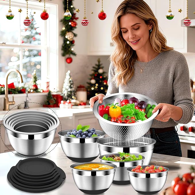 DUTZUN Kitchen Appliances, Large Mixing Bowls with Lids Set & Colander | 6.0 QT Stainless Steel Mixing Bowl with Strainer & Graters for Baking, Serving, Cooking, Prep, Salad - Image 3