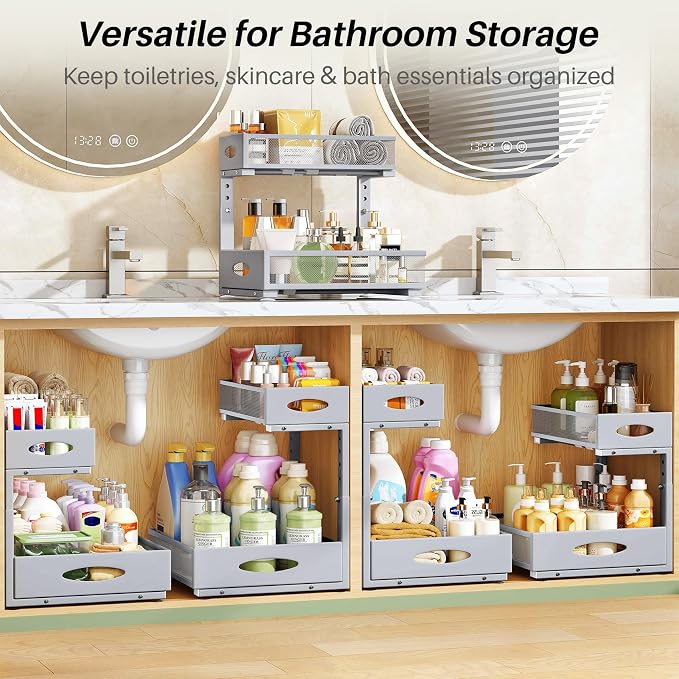 Under Sink Organizer, 2-Pack Pull Out Cabinet Organizer 2 Tier Metal Slide Out Storage Shelf Rack, L-Shaped Adjustable Height,Mesh Sliding Drawer for Kitchen, Bathroom, Laundry, Pantry, Grey, XL - Image 9