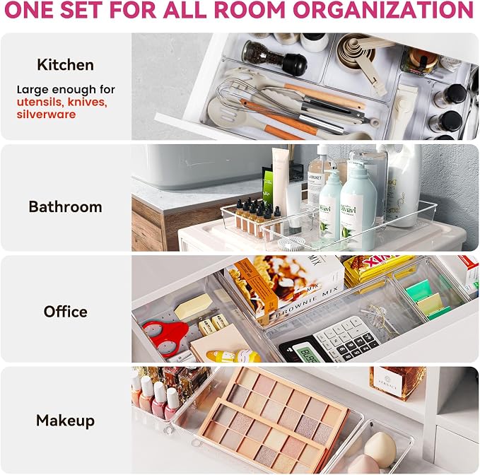 Large Drawer Organizer Bins 26 Pack | Complete 5 Size Clear Plastic Kitchen Drawer Organizers for Utensils | Bathroom Drawer Organizer Trays | Versatile for Makeup Office Organization - Image 3