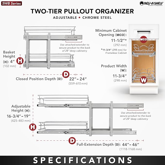Rev-A-Shelf Pullout Organizer for Cabinets, Min Opening Width of 11.5" | Two-Tier Steel Shelf for Kitchen or Vanity Cabinet Organization, Heavy Gauge Wire Slide Out Storage Basket, 5WB2-1222CR-1 - Image 6