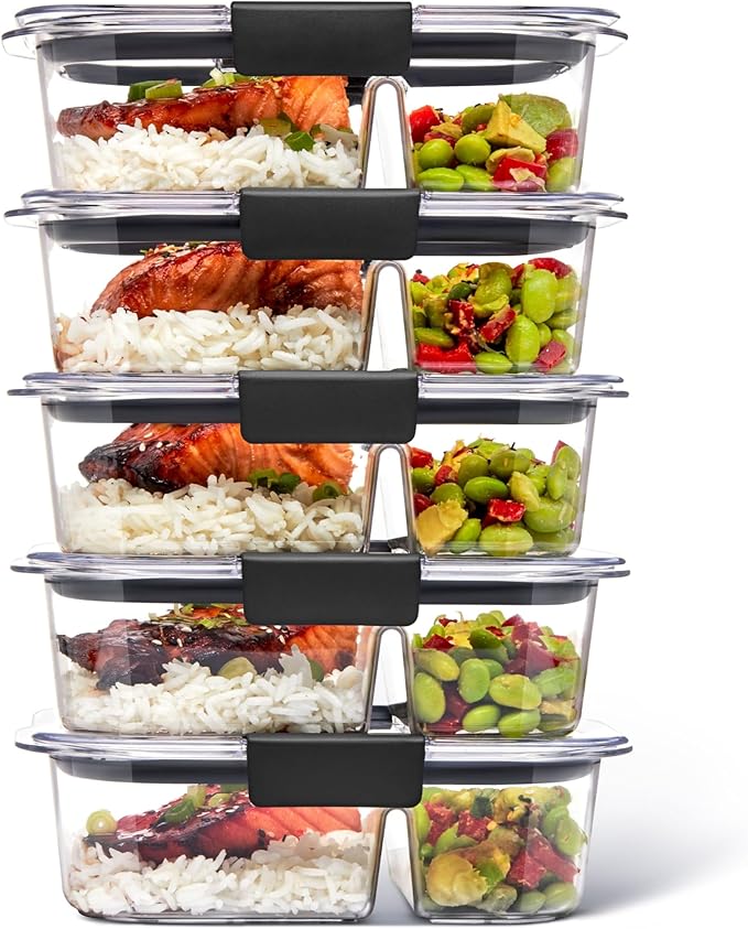 Rubbermaid Brilliance Meal Prep Containers, 2-Compartment Food Storage Containers, 2.85 Cup, 5-Pack, BPA-Free, Clear/Grey by Unknown