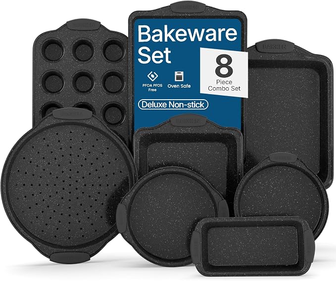 BAKKEN 8-Piece Kitchen Oven Baking Pans Set - Deluxe Nonstick Gray Marble Coating, Professional Grade Carbon Steel Bakeware with Silicone Handles - Oven, Dishwasher, and Freezer Safe by BAKK%C3%8BNMASTER