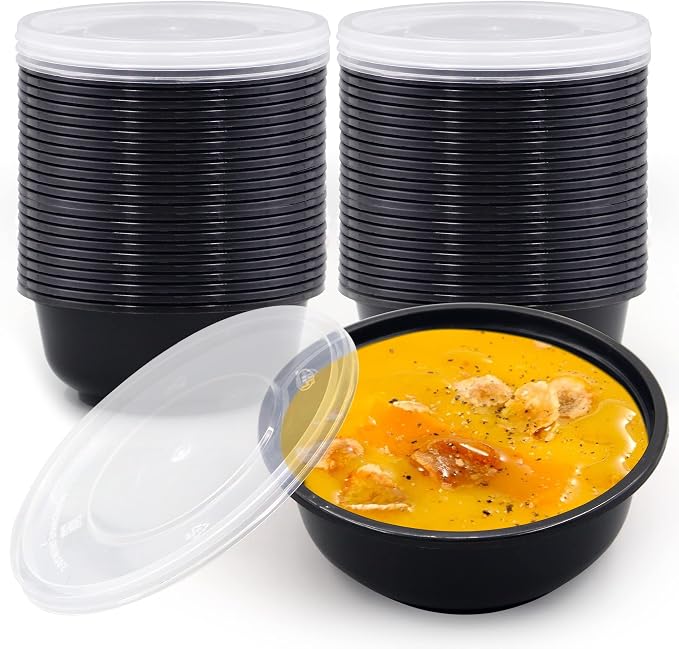 150 Pcs Stackable Meal Prep Bowl Containers, Food Takeout Bowls Reusable,Black Disposable Meal Prep Bowls With Lids. (12oz-Black) by POPMISOLER