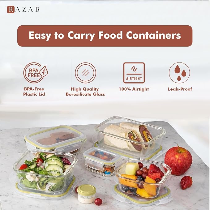 Razab 35 Pc Set Glass Food Storage Containers with Lids - Meal Prep Airtight Bento Boxes BPA-Free 100% Leak Proof (15 lids,15 glass & 5 Plastic Sauce/Dip Containers) - Image 7