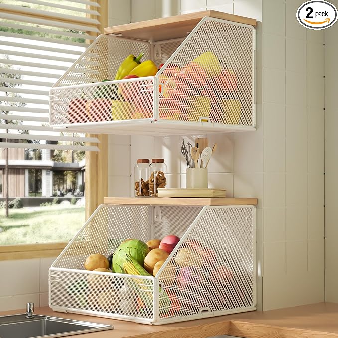Stackable Fruit Basket for Kitchen Countertop Space Saving, Wall Mounted Mesh Metal Wire Basket with Wood Lid Extra Storage, 2 Pack Kitchen Counter Organizer for Snack, Onion and Potato Storage, White by Litwaro