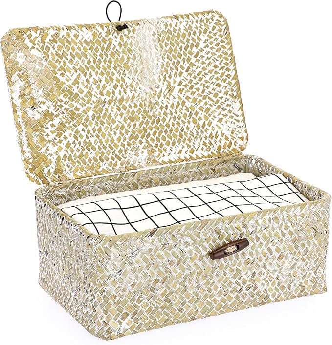 Hipiwe Small Woven Wicker Shelf Basket Bin with Lid Natural Seagrass Basket | Basket Storage Boxes for Shelf, Multipurpose Home Organizer Bins for Closet Bedroom Living Room Home Decor, Whitewash - Image 8