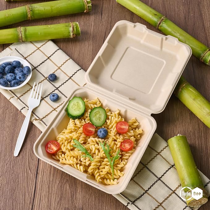 Turbo Bee 100 Pack 8x8inch Natural Take Out Containers with Lids, Large Disposable Clamshell Food Containers for Full Meals, Food Truck, BBQ, Catering & Meal Prep Natural - Image 8