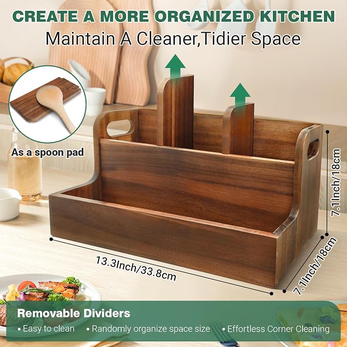 Kitchen Utensil Holder for Countertop with 4 Compartments Acacia Large Utensil Holder Wooden Storage for Cooking,Baking,Flatware Tool Kitchen Utensil Organizer - Image 2