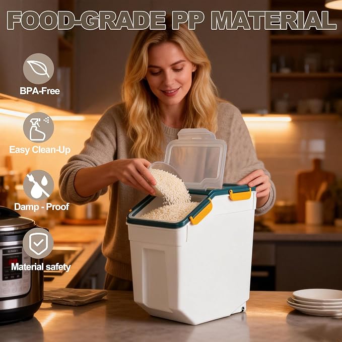 RUIAN 2Pcs Large Flour Storage Container Bin 25Lb Airtight Rice Storage Containers with Wheels Seal Locking Lid, BPA Free with Measuring Cup&Scoop for Flour, Rice, Grain(Blue) - Image 6