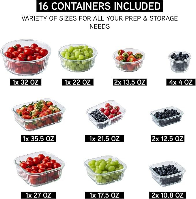 COOK WITH COLOR Premium 32-Pc. Borosilicate Glass Food Container Set with Dividers - 4 Rectangles, 8 Rounds, 4 Squares - Leakproof Lids - Meal Prep, Storage, Fluted Ombre Black - Image 2