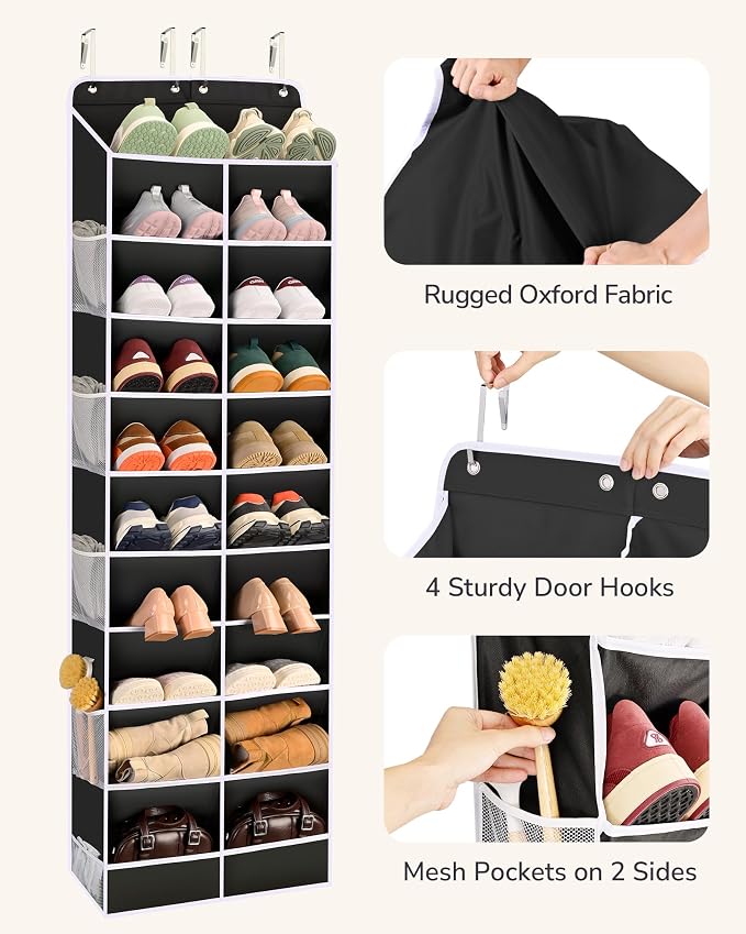 ULG Over The Door Shoe Organizer for Closet Fit 24-32 Pairs with Large Deep Pockets, Narrow Shoe Rack for Door Hanging Boots Storage, Black - Image 5