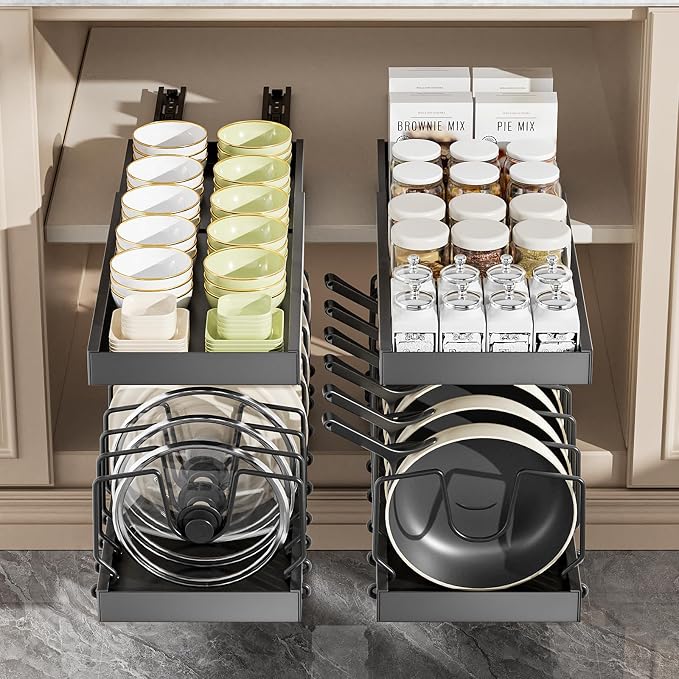 2 Pack Pots and Pans Organizer Under Cabinet, Expandable Pull Out Pot Lid Organizer with 10 Adjustable Dividers, Slide Out Pan Organizers Inside Cabinet for Kitchen Cabinets Drawers - Image 2