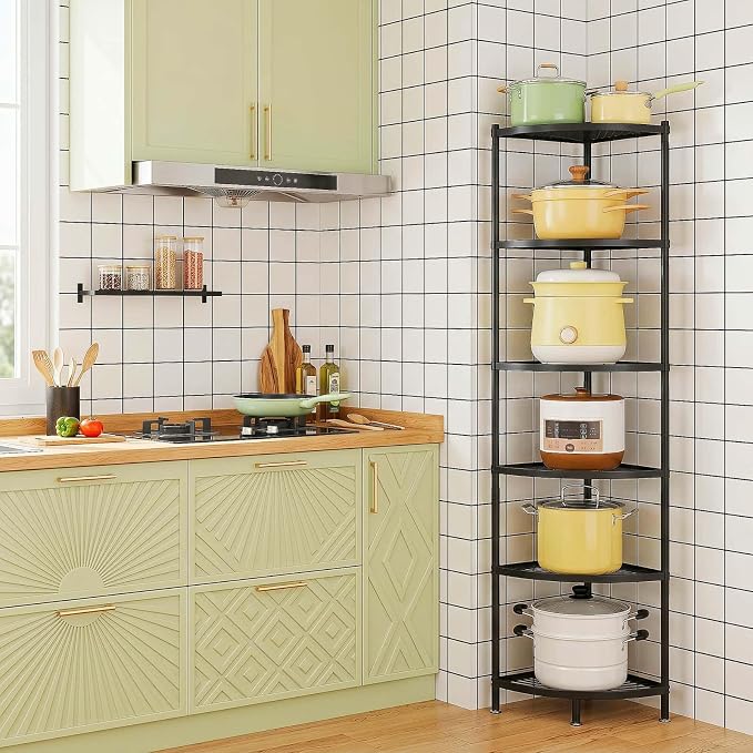 6-Tier Kitchen Corner Pot Rack, Floor Standing Corner Shelf | Narrow Corner Storage, Space Saving, Heavy-Duty Carbon Steel, Thick Solid Grid Shelf, Extra-Large Space Fits Large Cookwares - Image 3