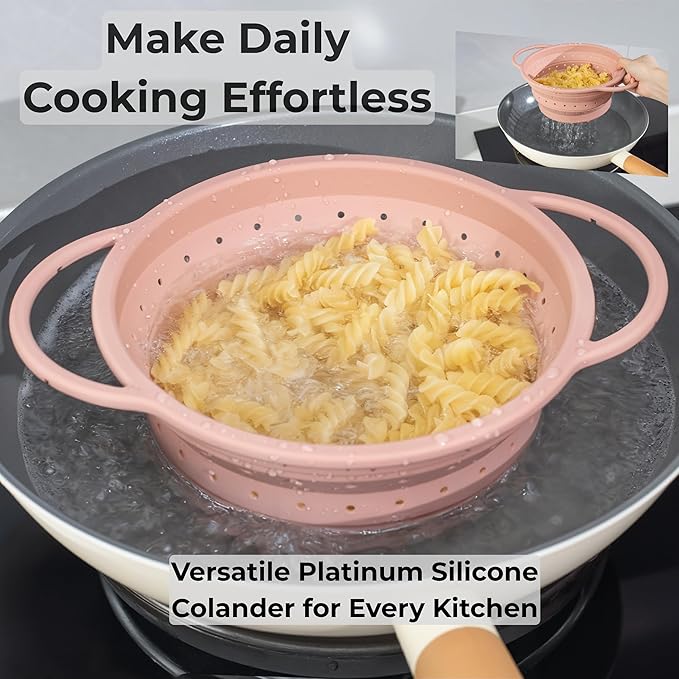 SelectShen™ Collapsible Silicone Colander Set, Stainless Steel Rim (3 Pk) | Heat-resistant, dishwasher-safe platinum silicone strainers. Sturdy stainless steel rim. BPA-free, space-saving, set of 3 - Image 5