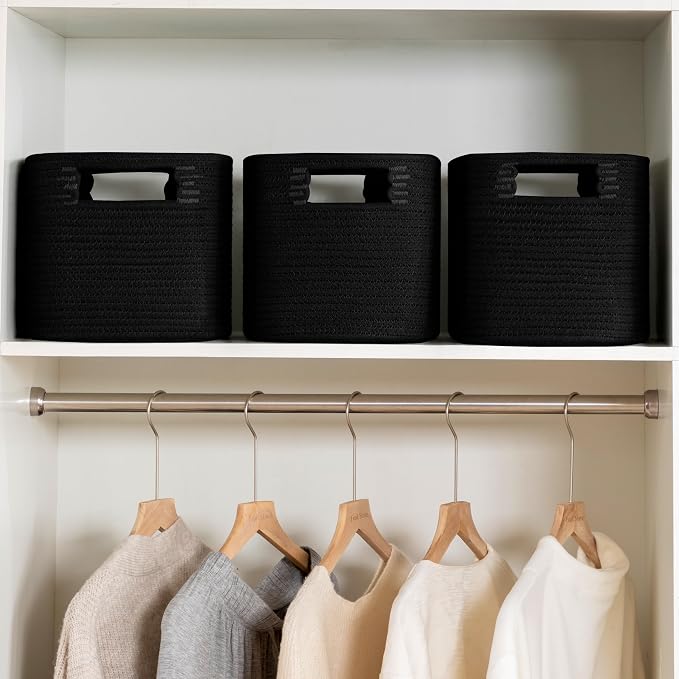 4 Pack Storage Baskets for Organizing, Shelf Baskets with Handles, Black | 14.5"Lx9.8"Wx9"H, Woven Basket, Cotton Rope Basket, Toy Storage, Cube Shelf, Gift Baskets Empty, Home Decor - Image 3