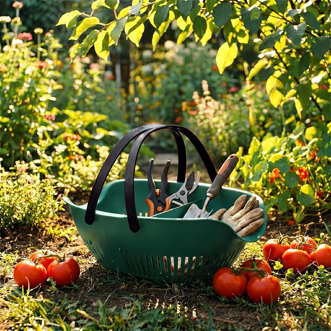 Nuogo 3 Pcs Garden Harvest Basket Removable Partitions with Tool Caddy for Collecting Carrying and Cleaning Harvesting Basket Doubles Colander for Vegetables and Fruits Garden Accessories(Dark Green) - Image 7