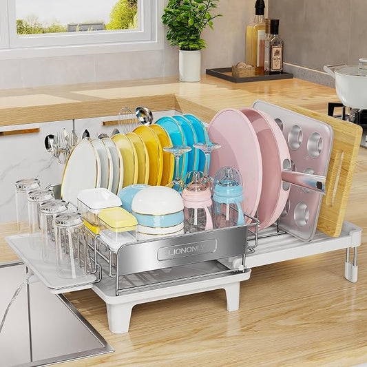 Expandable Dish Drying Rack, Dish Racks for Kitchen Counter, Stainless Steel 304, Flip-Top Retractable Plate, Multi-Directional Adjustable Dish Rack, Space Saving Large Drying Rack Kitchen, White by StartYourHomeStorageLife
