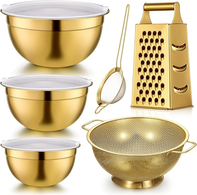 6 Pcs Gold Kitchen Accessories Set Includes 3 Gold Mixing Bowls with Airtight Lids Stainless Steel Colander Grater Slicer and Fine Mesh Strainer (Mixing Bowls: 3.7/5/7 Qt, Colander: 5 Qt) by Baderke