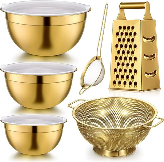 6 Pcs Gold Kitchen Accessories Set Includes 3 Gold Mixing Bowls with Airtight Lids Stainless Steel Colander Grater Slicer and Fine Mesh Strainer (Mixing Bowls: 3.7/5/7 Qt, Colander: 5 Qt) by Baderke