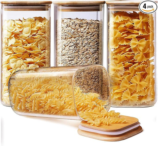 HomArtist Square Glass Jars with Bamboo Lids 53 FL OZ [Set of 4], Glass Canisters with Airtight Lid, Glass Food Storage Containers for Pasta, Cereal, Coffee, Flour, Sugar, Best for Kitchen & Pantry by HomArtist